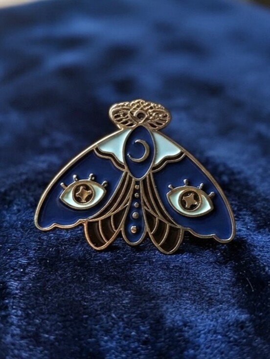 Jewelry - Celestial Moth Enamel Pin: Blue Gold Moon Witchy Goth Third All Seeing Eye Lapel